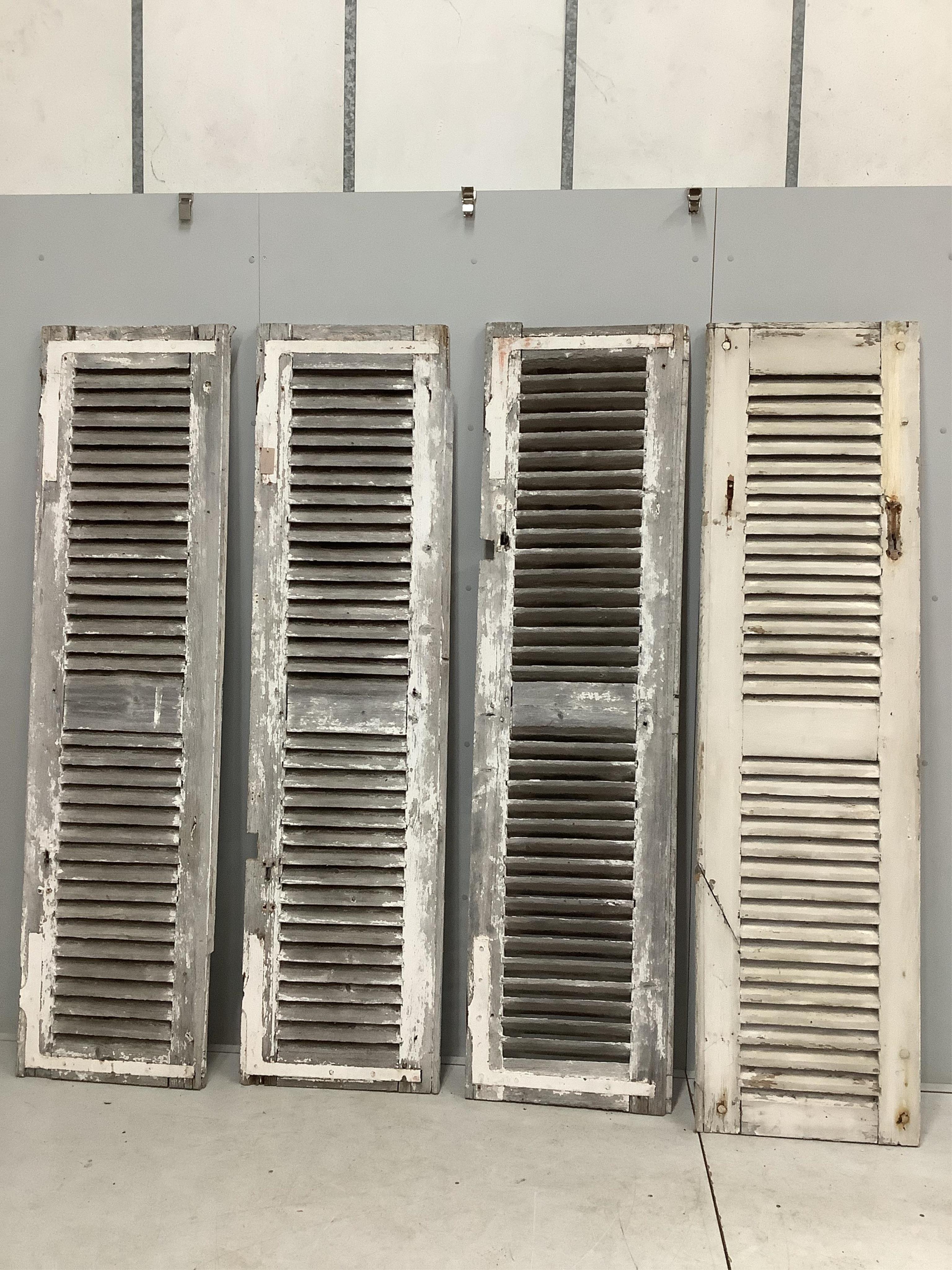 Four French painted window shutters, each width 54cm, height 205cm, - Condition - fair